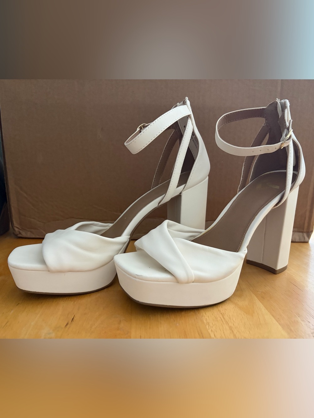 Report White Twisted Front Platform Ankle-Strap Block Heels